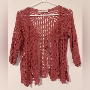 Vintage Bette Paige Pink Crotchet Tie-Front Loose Knit Cardigan Sweater